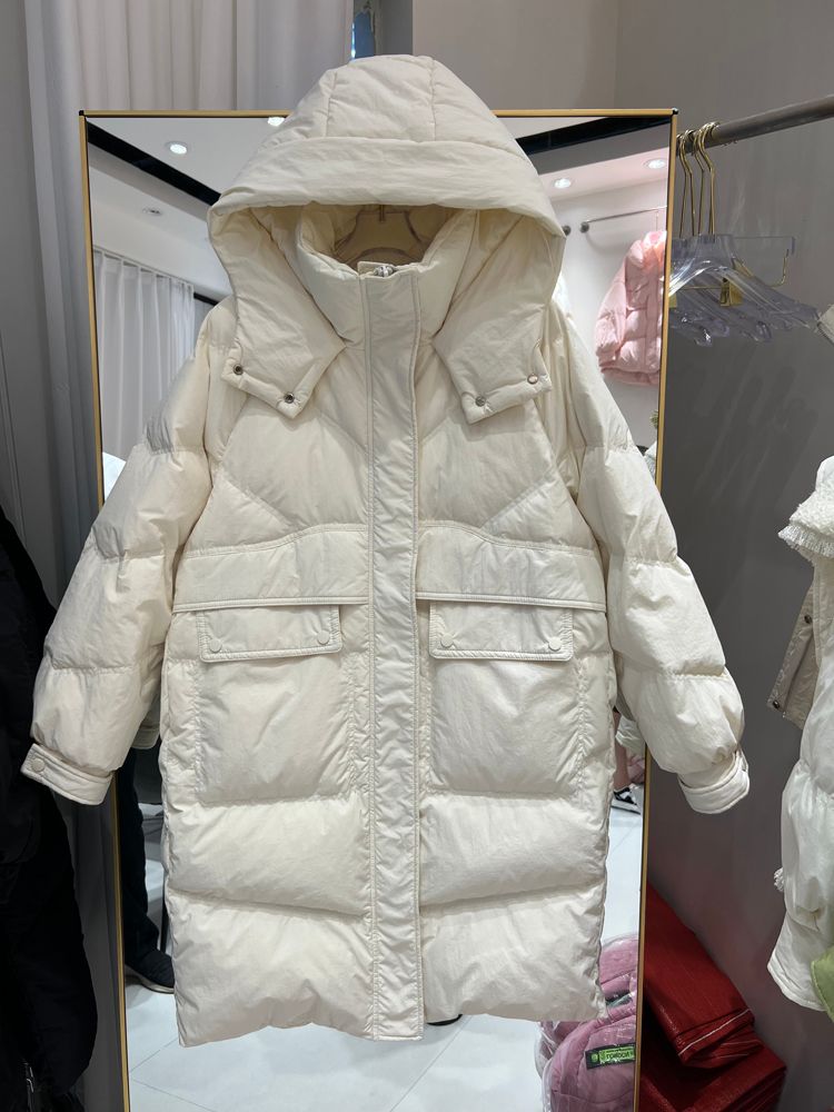 Neue Winterjacke für Damen, mittellanger, knielanger, weißer Daunenmantel mit Kapuze, locker geschnitten und warm._voghion.com