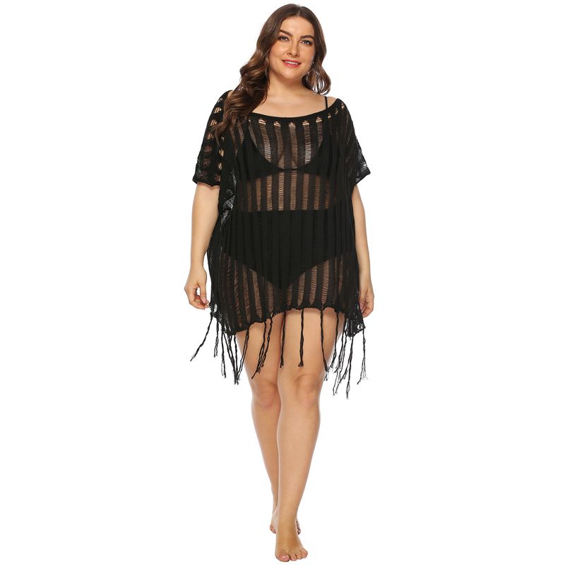 Durchsichtiges Strandkleid mit einreihigem Kragen und ausgehöhltem Saum für Damen in Übergröße_voghion.com