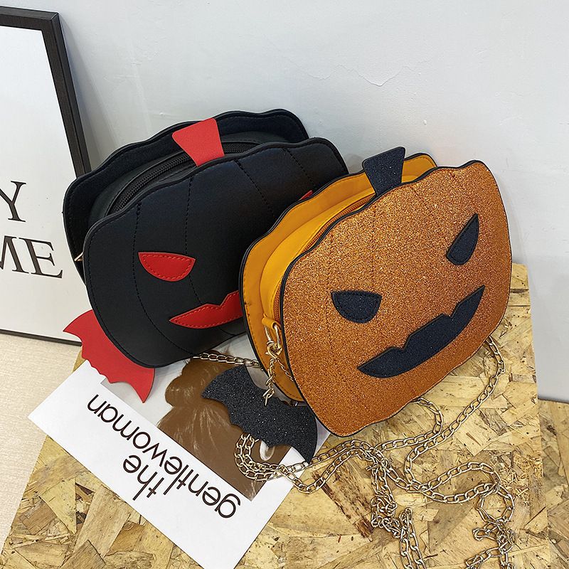 Borsa a tracolla con zucca glitterata a tema Halloween per donna - Borsa a tracolla in PU riflettente retrò con tasche con cerniera, accessorio alla moda e divertente_voghion.com