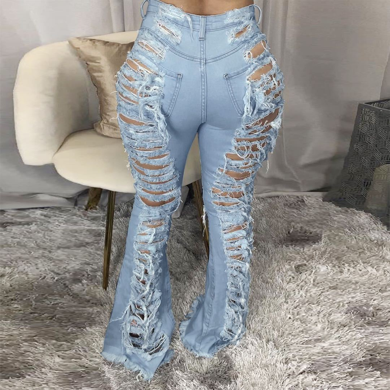 Roupas femininas tendência da moda personalidade rasgada calças largas elásticas_voghion.com