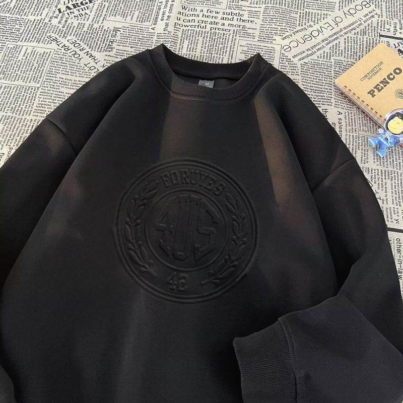 Abbigliamento maschile Felpa girocollo marchio 3D acciaio stampato lettere convesse design di nicchia coppia strada alta top retrò_voghion.com