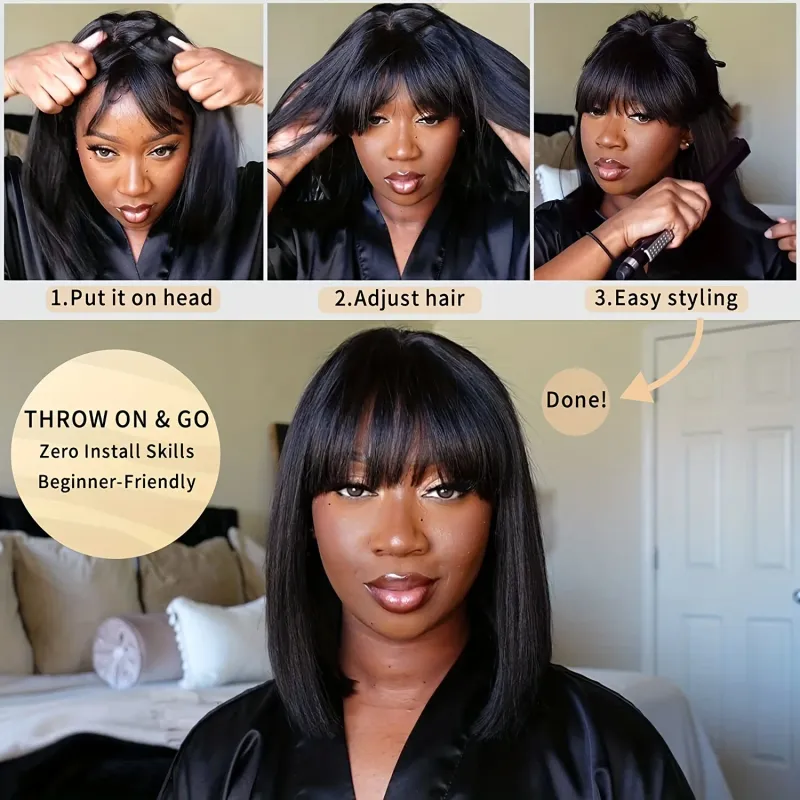 Cheap Short Bob Human Hair Wigs With Bangs Fringe Wig Straight Lace Middle Part for Women_voghion.com