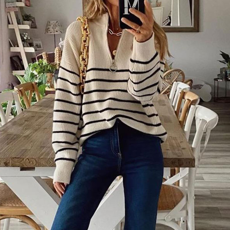 Abbigliamento da donna Maglione maglione pullover con cerniera da donna a maniche lunghe a righe color block a collo alto_voghion.com