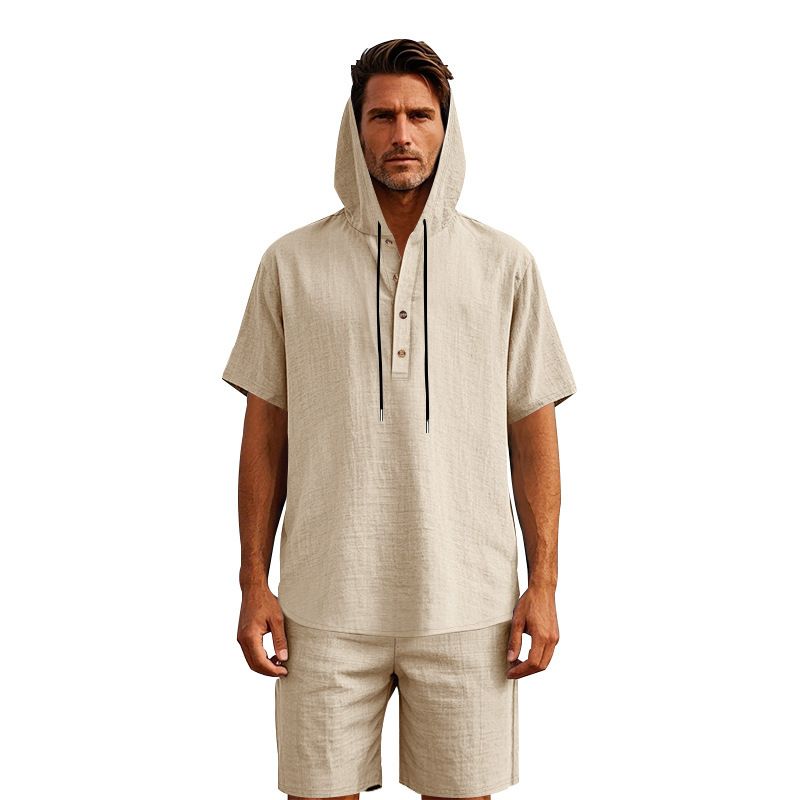 Completo da uomo in lino con camicia e pantaloncini - Completo casual estivo da spiaggia a maniche corte con vestibilità ampia_voghion.com