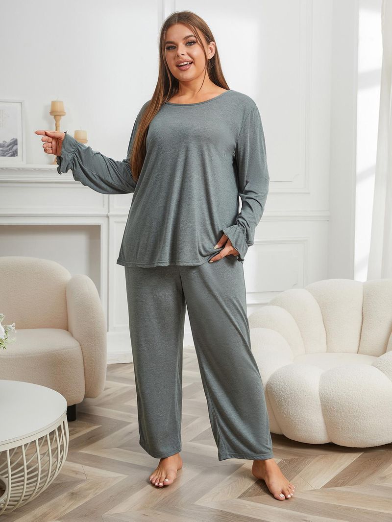Large Size Pajamas Women's Autumn And Winter Solid Color Loose Long-sleeved Two-piece Loungewear_voghion.com