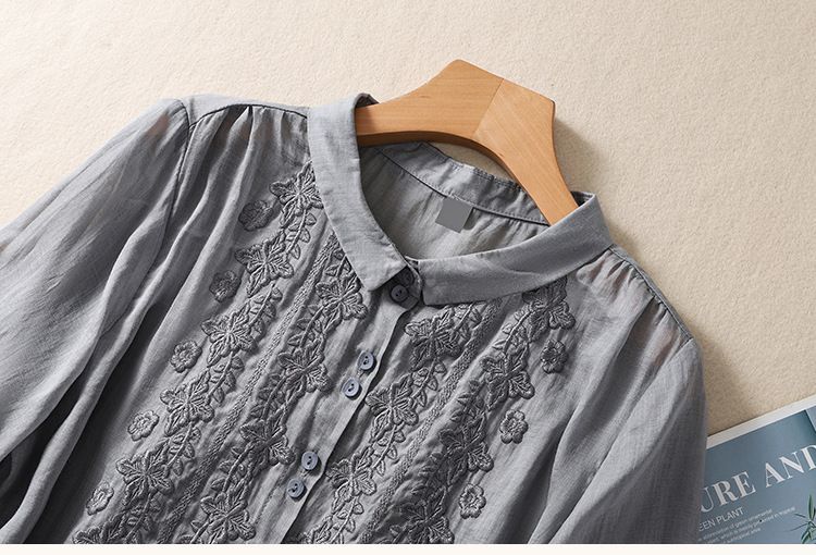 Camicetta vintage da donna in lino e cotone con maniche a sette quarti, con fiori ricamati_voghion.com