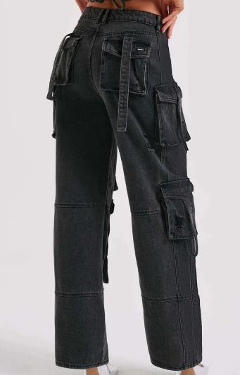 Vêtements pour femmes, nouvelle mode, couleur unie, assortis, grande taille, taille haute, multi-poches, pantalons de travail décontractés en denim_voghion.com