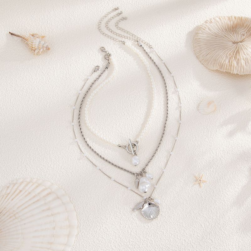 Halskette Damen Goldene Halskette Anhänger Halskette Gold Mode Perle Muschel Fisch Strand Stil Halskette Design Mehrschichtige Schlüsselbeinkette_voghion.com