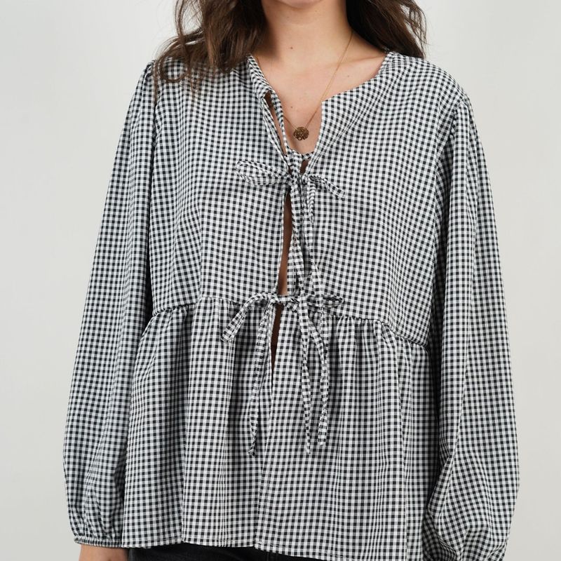 Abbigliamento da donna, nuova camicia a maniche lunghe a sbuffo con fiocco, tinta unita, a righe e a quadri_voghion.com