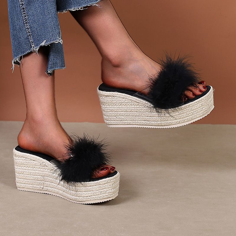Women's summer platform high heels flip-flops open toe sandals women's woolly slippers straw woven hemp rope sole_voghion.com