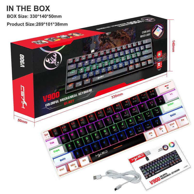 V900BW vezetékes mechanikus gamer billentyűzet 61 billentyűvel és 60%-ban kompakt Green Axis hűvös világítással, hordozható_voghion.com