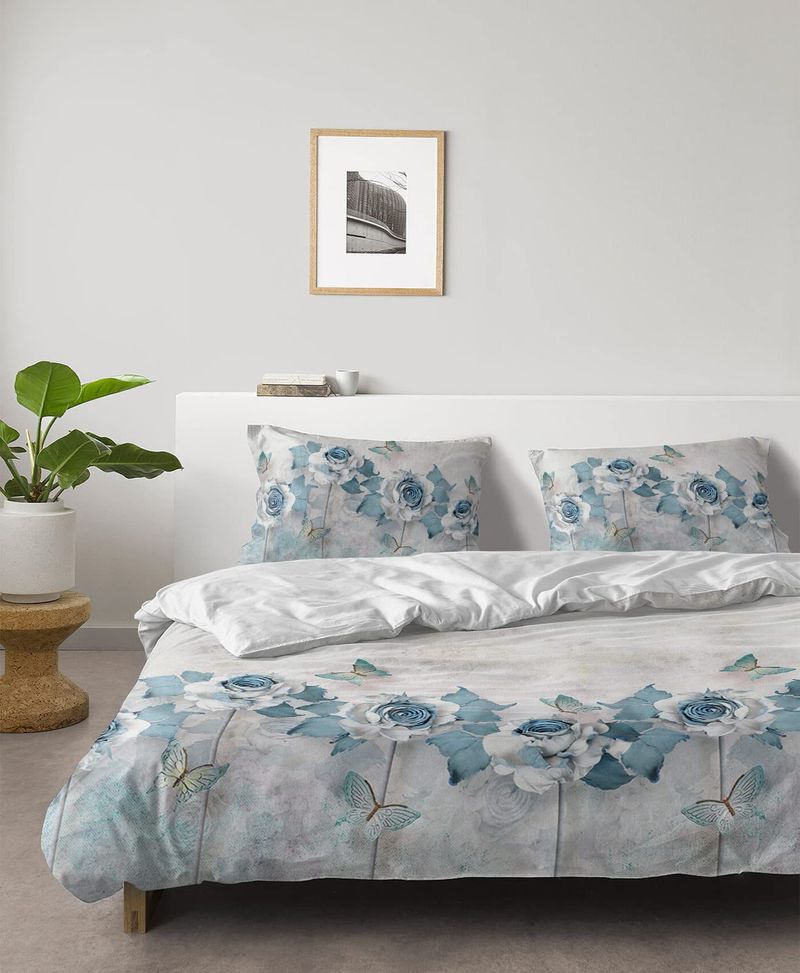 Zestaw pościeli Retro White Floral, trzyczęściowy, poszewka na kołdrę, miękki poliester, faktura frezowanego aksamitu_voghion.com