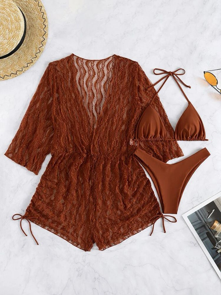 Costume da bagno intero da donna in rete con vita alta, stampa con coulisse, bikini in tre pezzi_voghion.com