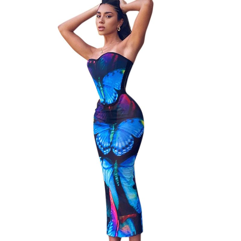 D22ST307 Women's 2022 Summer New Casual Butterfly Print Wrapped Chest Strap Waist Long Dress Set_voghion.com