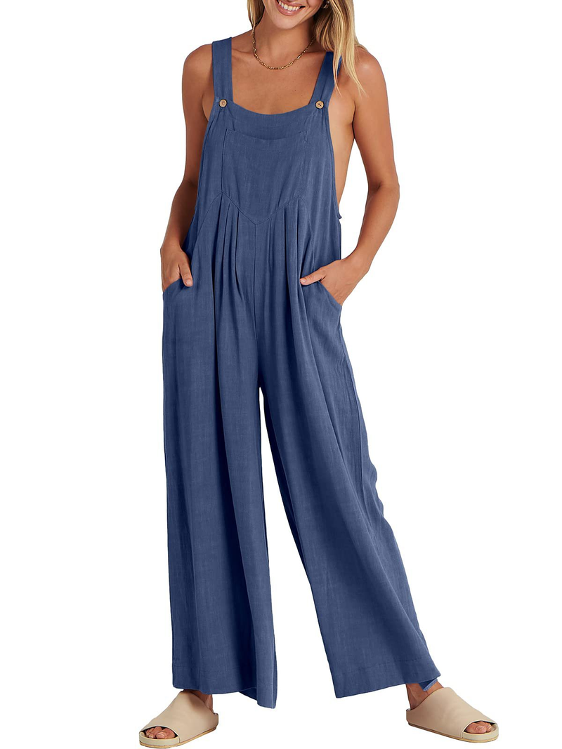 Women's clothing solid color loose casual cotton and linen overalls jumpsuit_voghion.com