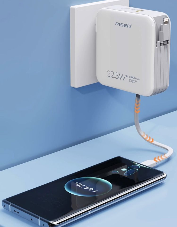 Pisen Power Bank da 10000 mAh a ricarica rapida con cavo integrato e presa a muro, caricabatterie portatile per iPhone e Android_voghion.com