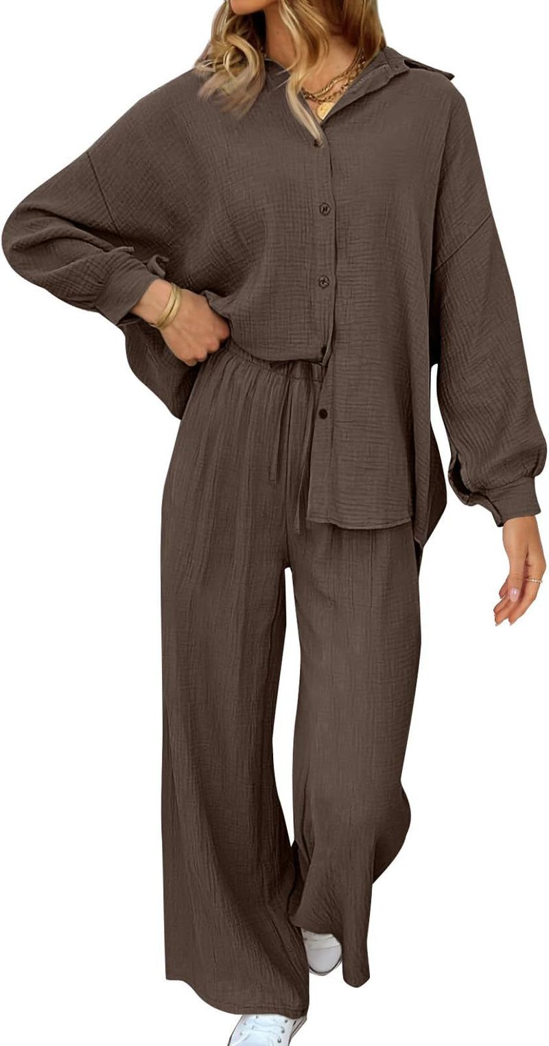 Women's Clothing Fashion Suits Loose Casual Tops Wide Leg Pants Cotton And Linen Two Piece Suits For Women_voghion.com
