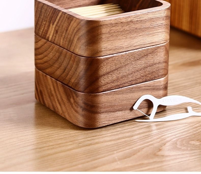 Boîte à fil dentaire en bois massif, boîte de rangement pour cure-dents en bois de noyer noir de style chinois avec couvercle, pour usage domestique_voghion.com