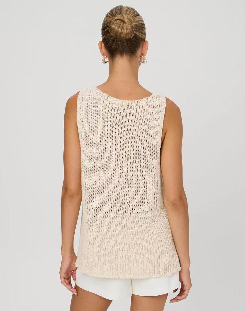 Gilet d'été sexy en tricot à col en V pour femme, ouvert sur le devant, sans manches, noué à la taille, en polyester doux, décontracté et élégant, S/M/L (noir, beige)_voghion.com
