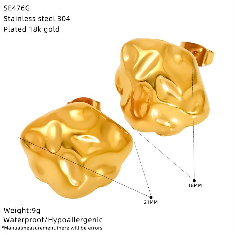 Earrings Unisex Jewelry Fashion Exaggerated Gold Stainless Steel Concave And Convex Hammer Pattern Prismatic Symmetrical Earrings_voghion.com
