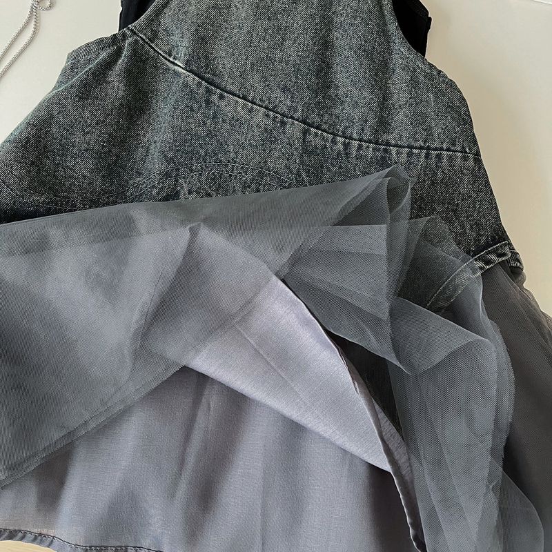 Mother & Kids Girls Suit Summer New Korean Version Denim Mesh Dress + Vest Princess Two Piece Suit Trendy_voghion.com