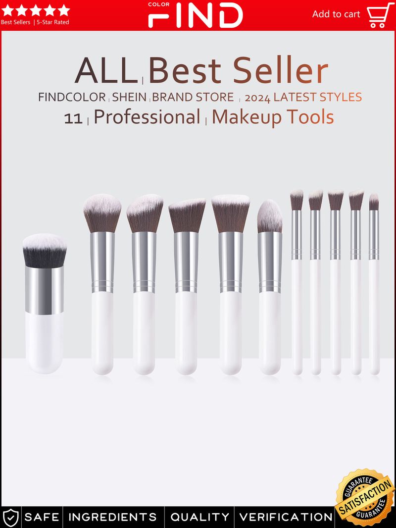 Ensemble de 11 pinceaux de maquillage couleur champagne : 5 grands et 5 petits pinceaux, dont un pinceau à fond de teint épais unique._voghion.com