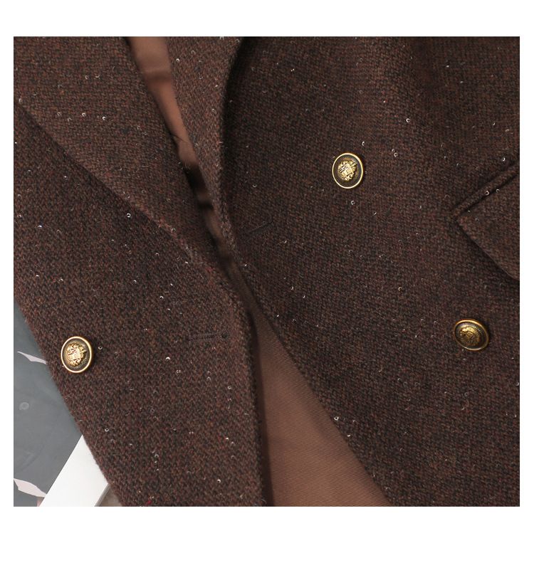 Blazer da donna in tweed misto lana per autunno inverno - Giacca da ufficio doppiopetto slim fit con revers a lancia (nero, marrone, rosso, grigio)_voghion.com