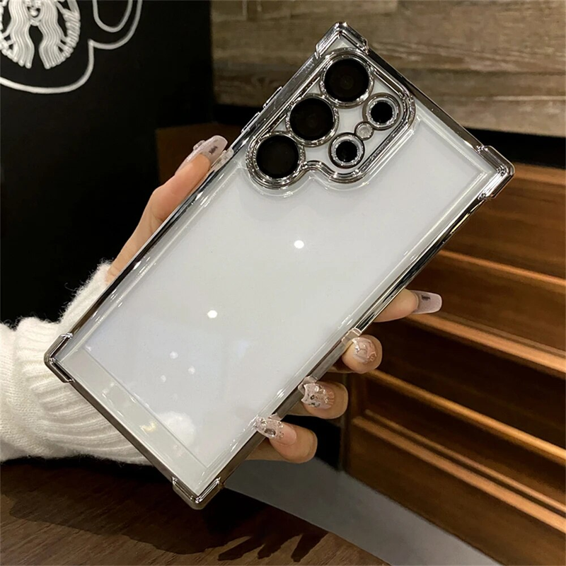 6D-plätering Transparent telefonfodral för Samsung Galaxy S24 Ultra S23 S22 Plus Elektropläterad linsfilm Luftkuddebumper_voghion.com