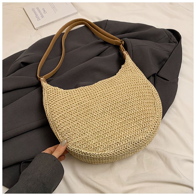 Straw Bag Woven Bag Casual Holiday Wind Straw Bag Women's Single Shoulder Underarm Saddle Bag Large Capacity Beach Bag_voghion.com