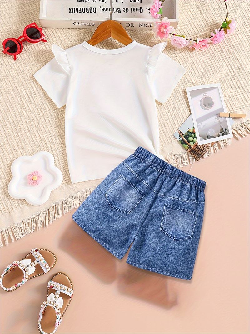 Mutter & Kinder INS Mädchen Mode Denim & Banana Print Rundhals Kurzarm T-Shirt Set_voghion.com