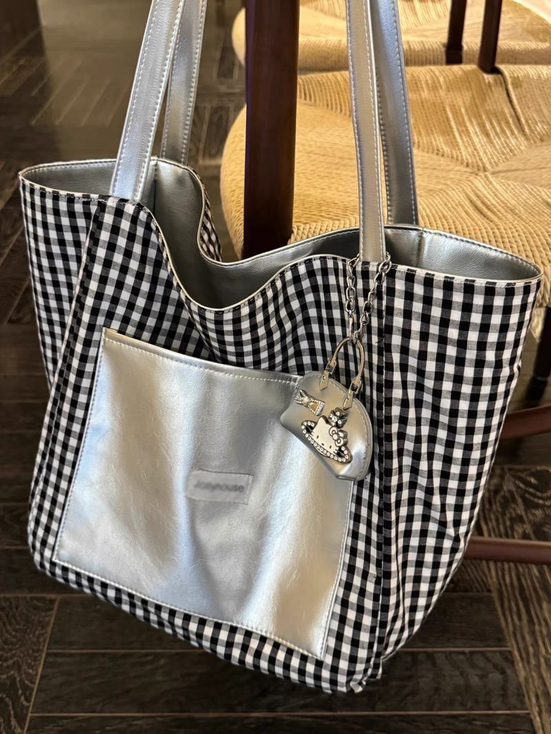 Double-Sided Silver Women's Tote Bag 2025 Fall/Winter New Black Checkered Large Capacity Bag_voghion.com