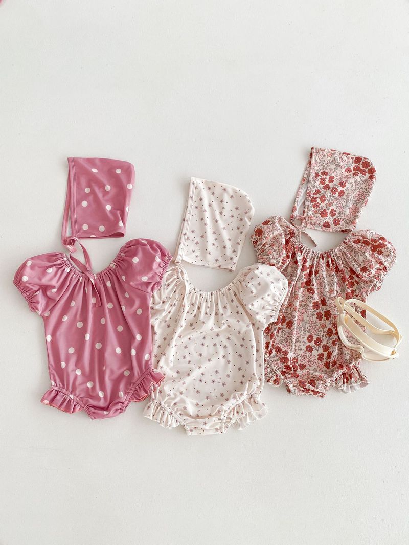 Maillot de bain d'été coréen pour filles, bulle à la mode pour bébé, mignon, manches courtes, une pièce enveloppée, bas, imperméable, chapeau de natation_voghion.com