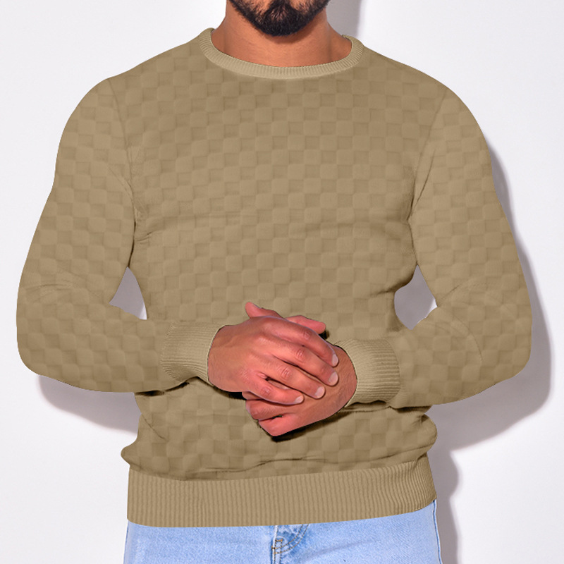 Unschlagbare Qualität Herren Herbst und Winter Herren T-Shirt Jacquard Schachbrett Rundhals Strickpullover Basis Langarm Sweatshirt_voghion.com
