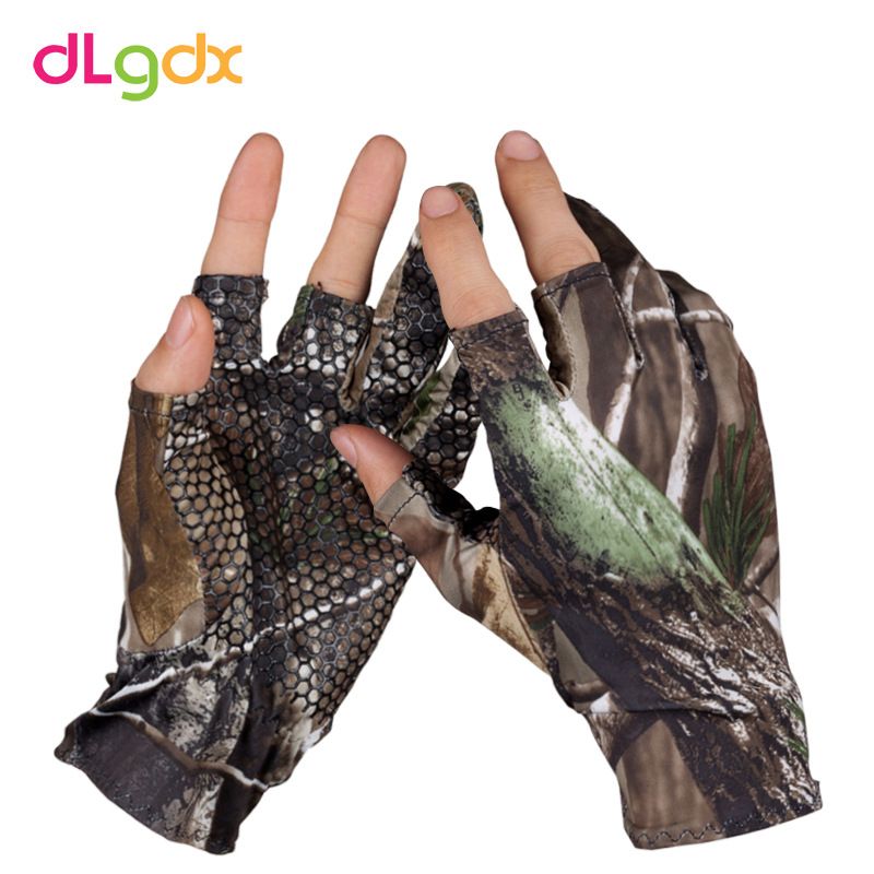 Fabricant en gros de gants de pêche respirants sans doigts camouflage, protection solaire, pour hommes et femmes, en lycra extensible._voghion.com