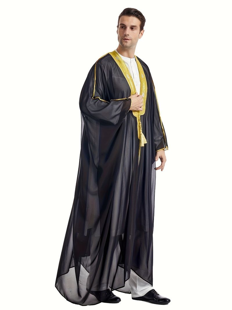 Men's Clothing Middle East Dubai Turkish Muslim Men's Bachelor's Clothing Embroidered Contrast Color Chiffon Robe Thobe_voghion.com
