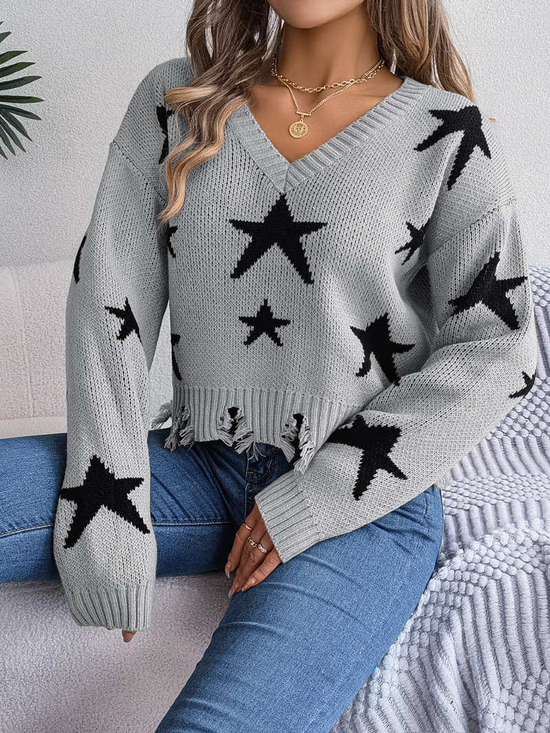 Damenbekleidung Stil Herbst und Winter Lässiger V-Ausschnitt Star Cut Langarm Strickpullover Damenbekleidung_voghion.com