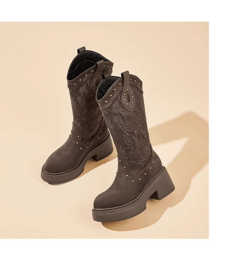 Damenschuhe Retro Spitzschuh Damenstiefel Dicker Absatz Ärmel Ritterstiefel Herbst Neue bestickte Stiefel mit mittlerer Wade Western Cowboystiefel_voghion.com