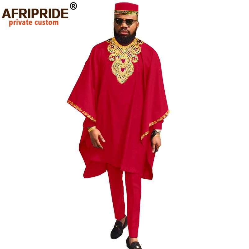 Roupas masculinas de algodão nacional africano casual de três peças + calças + chapéu_voghion.com