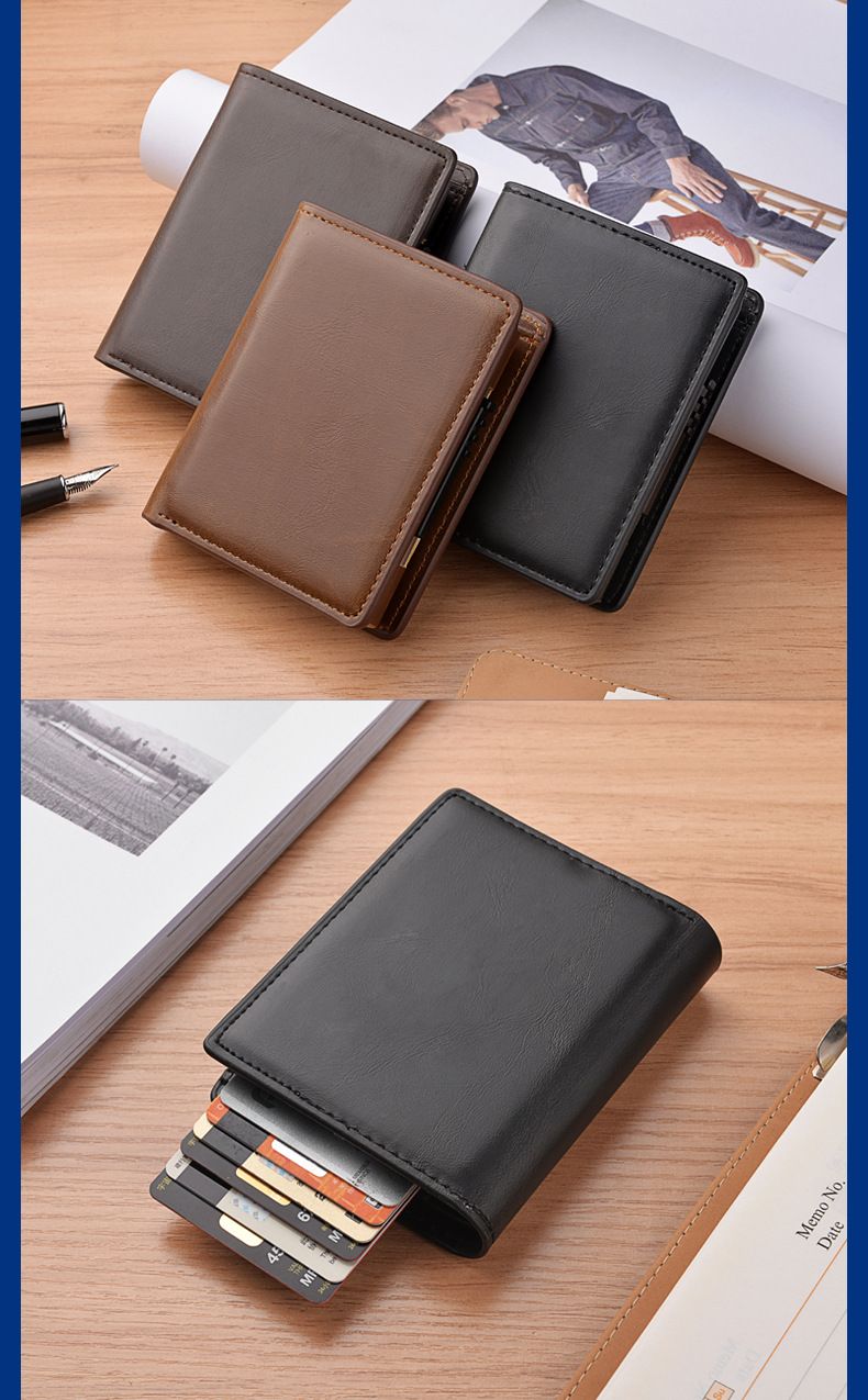 Nova moška kratka denarnica, avtomatsko odpiranje, aluminijasta zlitina, etui za kartice, proti kraji, krtača, protimagnetni etui za kartice_voghion.com