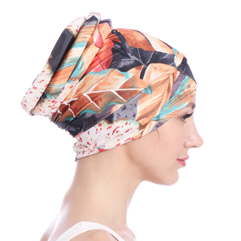 Women's Hats turban hat, leaf cotton chemotherapy cap, back hair bun cap in stock_voghion.com