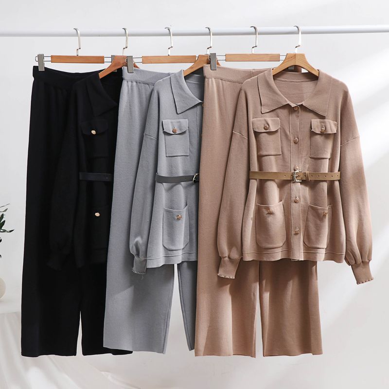 Abbigliamento da donna Autunno e inverno Maglione lavorato a maglia Completo polo Collo maglione largo Giacca vita alta Pantaloni gamba larga Completo due pezzi_voghion.com