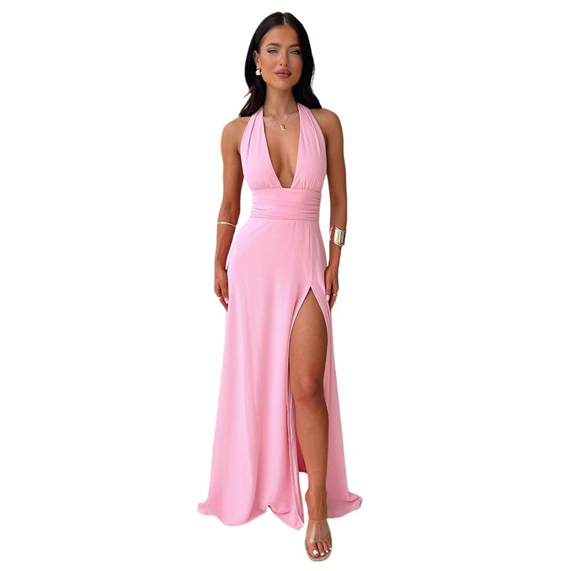 Abito da donna sexy in pizzo con spacchi laterali, tinta unita, con scollo a V e schiena nuda, primavera ed estate 2025_voghion.com