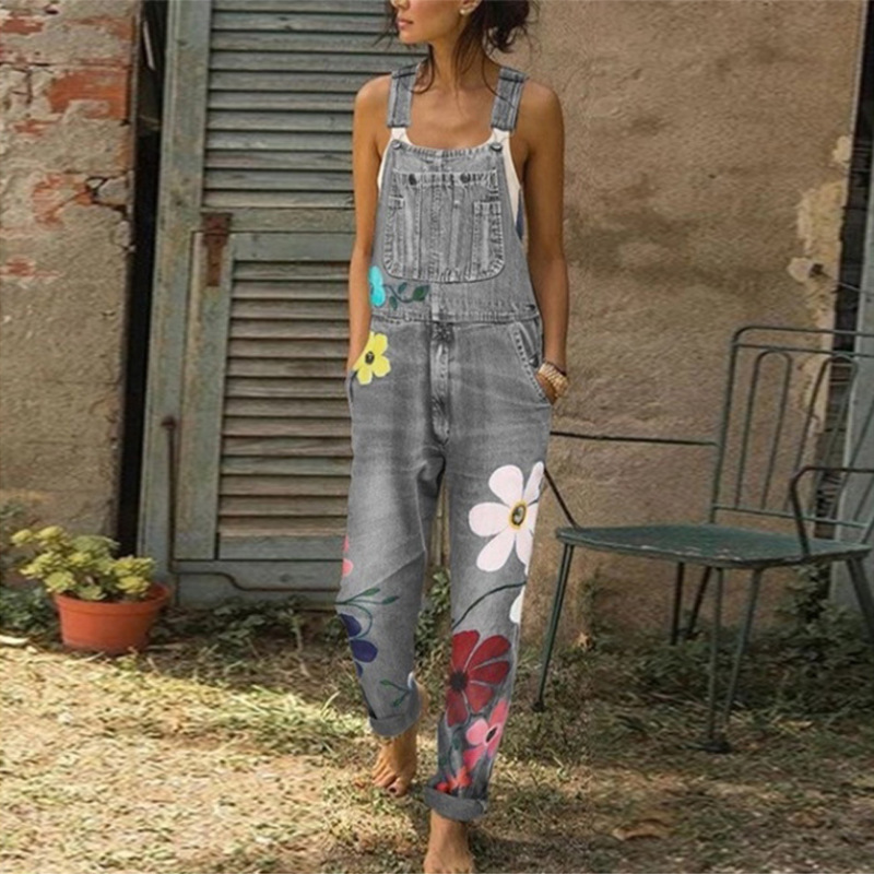 Calça feminina estampada com alças florais halter jeans_voghion.com