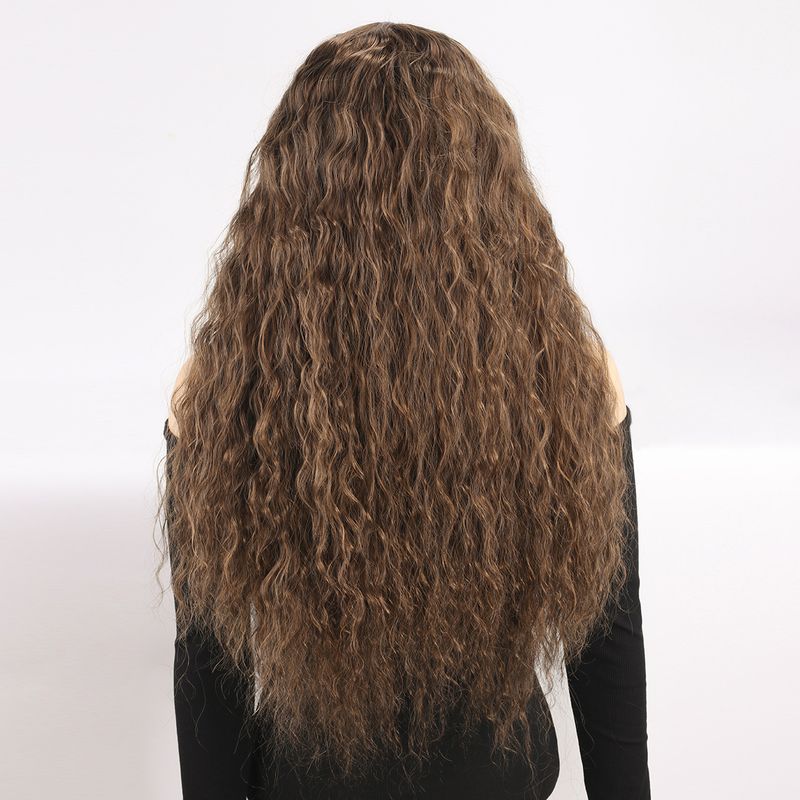 Parrucca con extension per capelli, nuova parrucca per donna, capelli neri ricci alla moda, ondulati, ricci di mais, riga centrale, frangia, copricapo completo._voghion.com