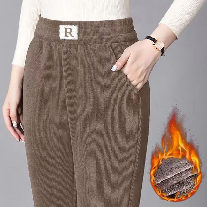 Women's Clothing Autumn and winter plus velvet thick chenille harem pants women's loose large size R standard casual pants straight pants pocket _voghion.com