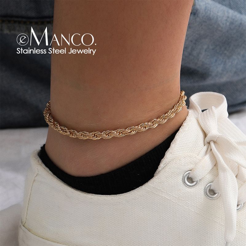 eManco Braided 14k Stainless Steel Chain Women's Gold Plated Leg Ring Non-Fading Anklet_voghion.com