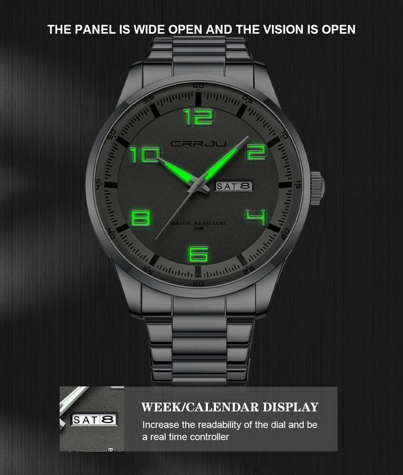 Reloj clásico de cuarzo para hombre, con calendario dual, correa de acero inoxidable resistente al agua y cristal mineral redondo._voghion.com