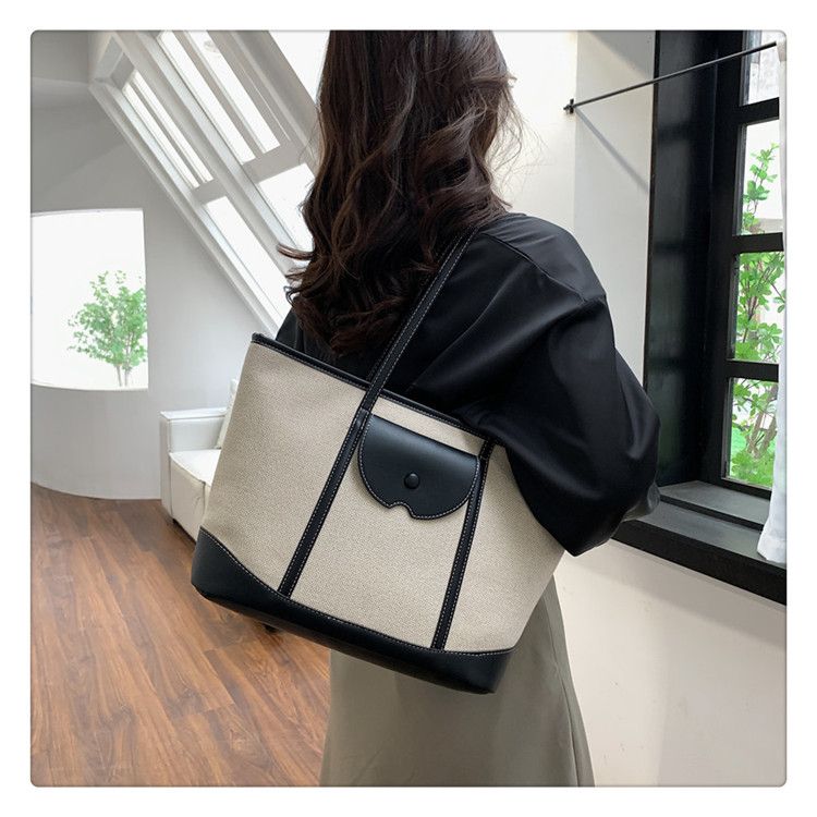 Lässige Canvas-Tragetasche für Damen mit großem Fassungsvermögen und kontrastfarbenem Design für den täglichen Arbeitsweg und Reisen. Schultertasche der Spitzenklasse für den Arbeitsweg_voghion.com