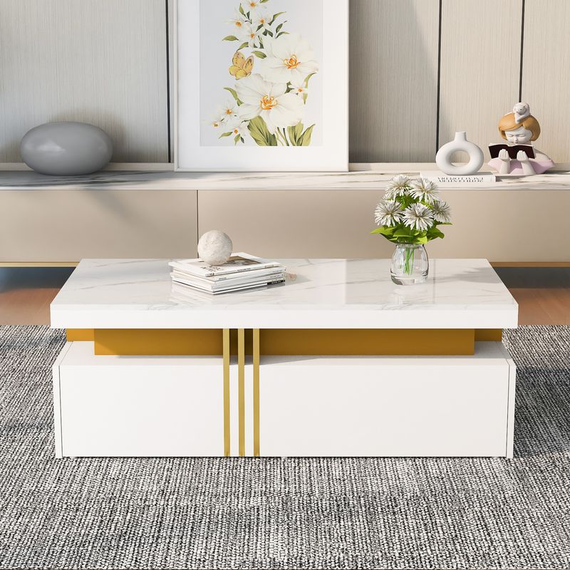 Table basse rectangulaire moderne avec plateau brillant, 2 tiroirs en bois, surface à motif marbre, pour salon, 100 x 50 x 40 cm_voghion.com