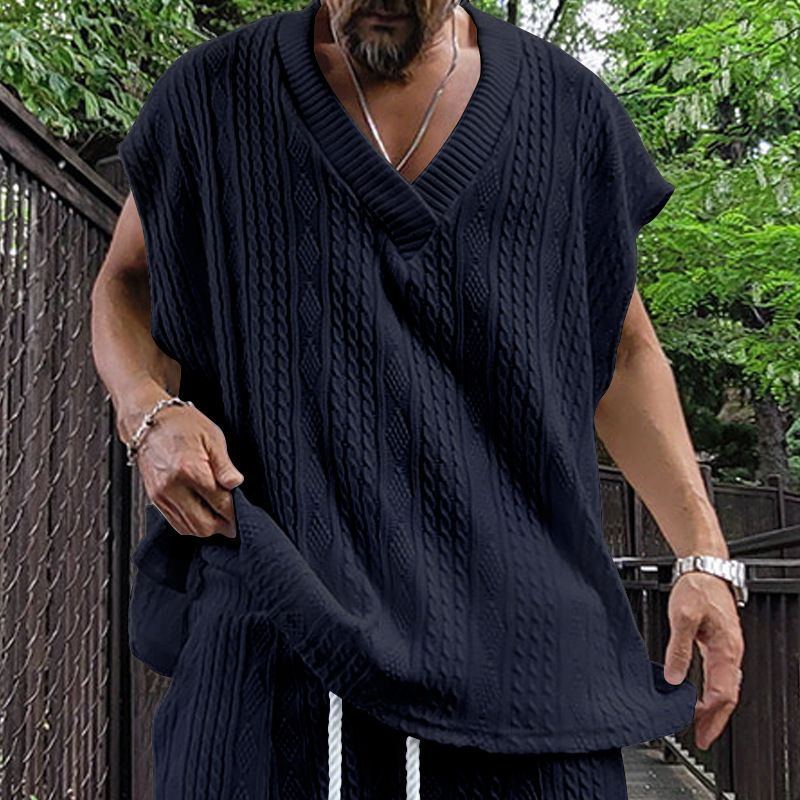 Gilet en tricot jacquard ample à col en V pour hommes, nouvelle collection d'été, surdimensionné et décontracté_voghion.com
